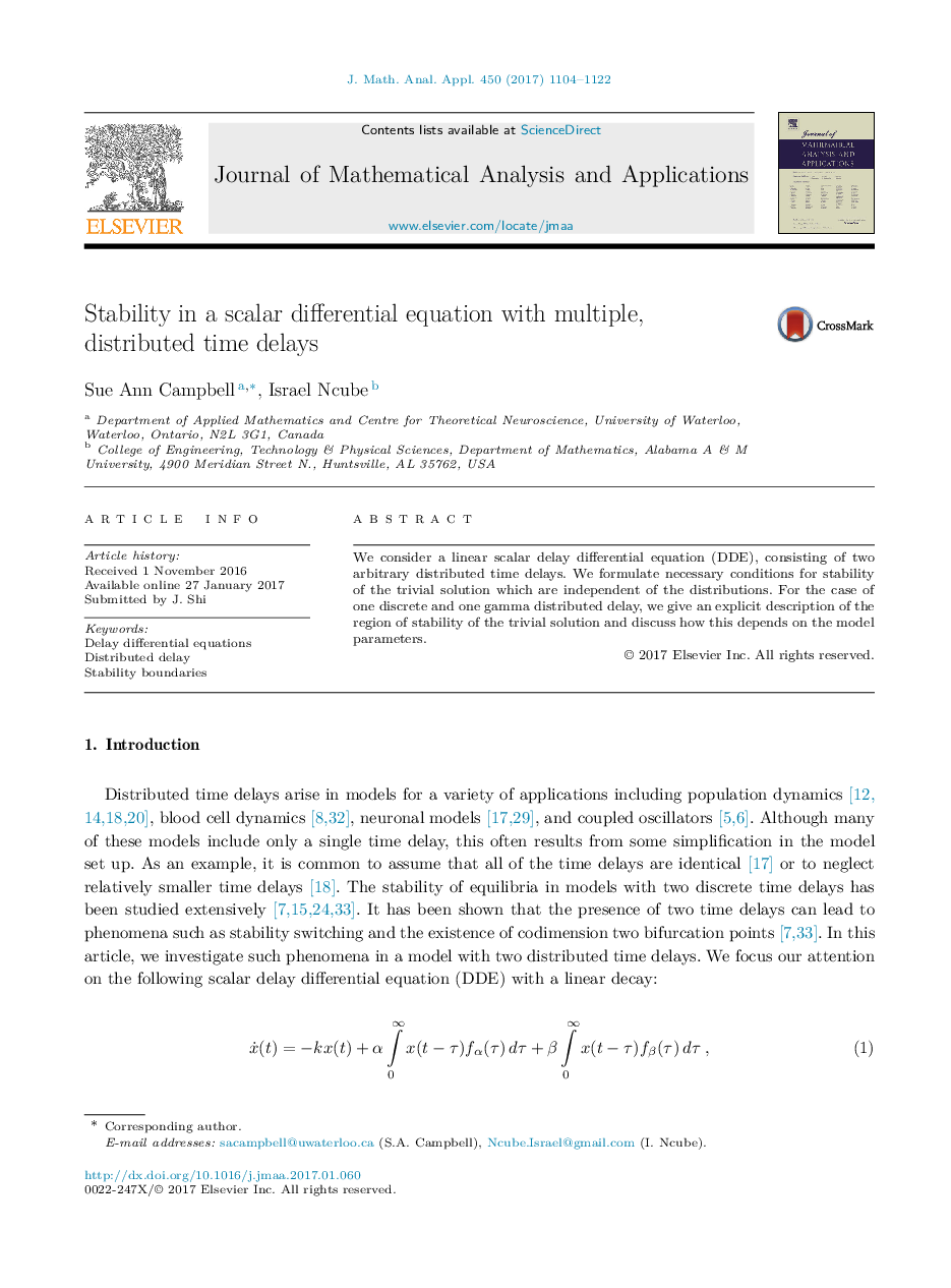 Stability in a scalar differential equation with multiple, distributed time delays