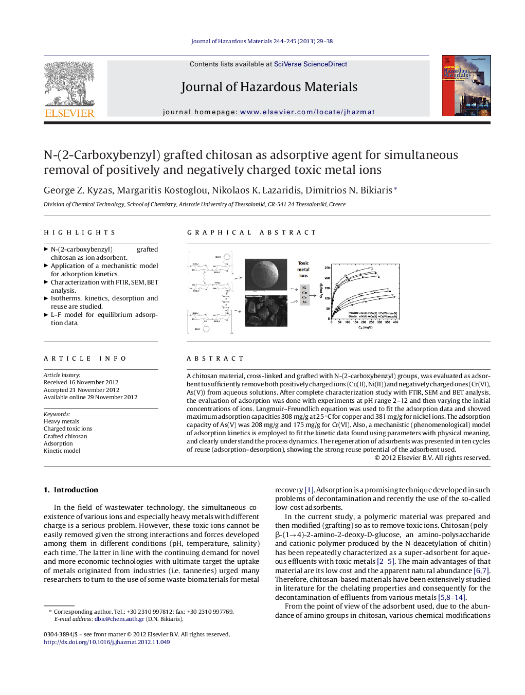 N-(2-Carboxybenzyl) grafted chitosan as adsorptive agent for simultaneous removal of positively and negatively charged toxic metal ions