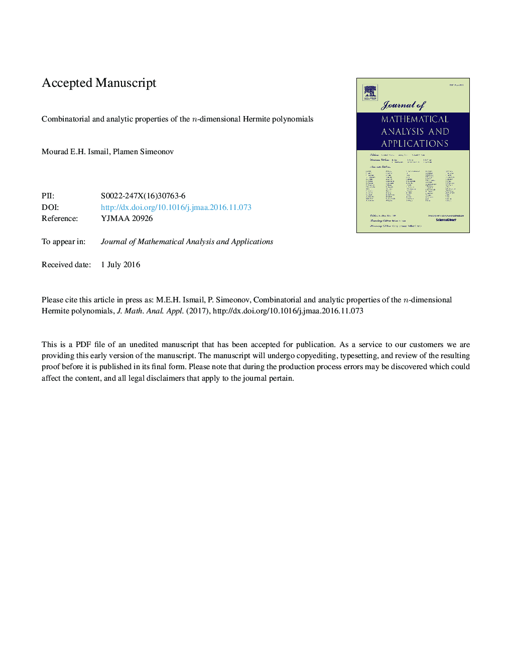 Combinatorial and analytic properties of the n-dimensional Hermite polynomials