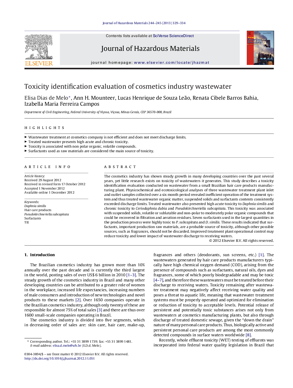 Toxicity identification evaluation of cosmetics industry wastewater