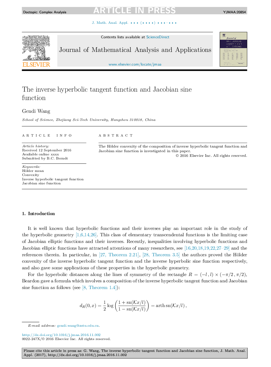 عکس صفحه اول مقاله: The inverse hyperbolic tangent function and Jacobian sine function The inverse hyperbolic tangent function and Jacobian sine function