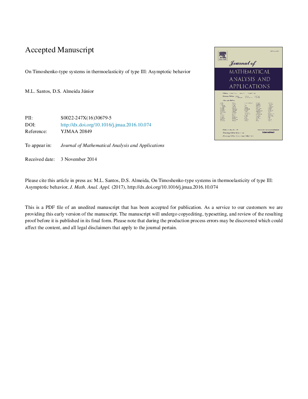 عکس صفحه اول مقاله: On Timoshenko-type systems with type III thermoelasticity: Asymptotic behavior On Timoshenko-type systems with type III thermoelasticity: Asymptotic behavior