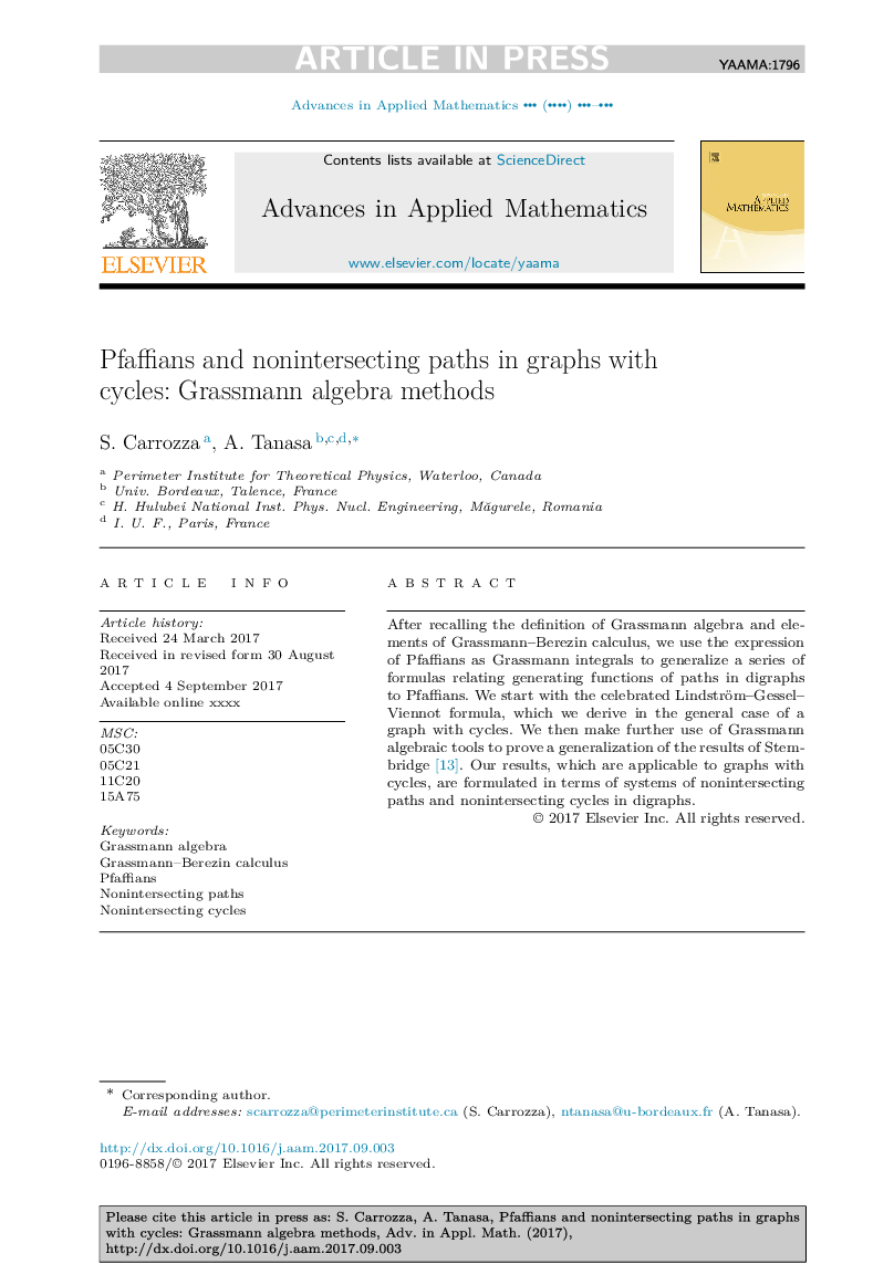 Pfaffians and nonintersecting paths in graphs with cycles: Grassmann algebra methods