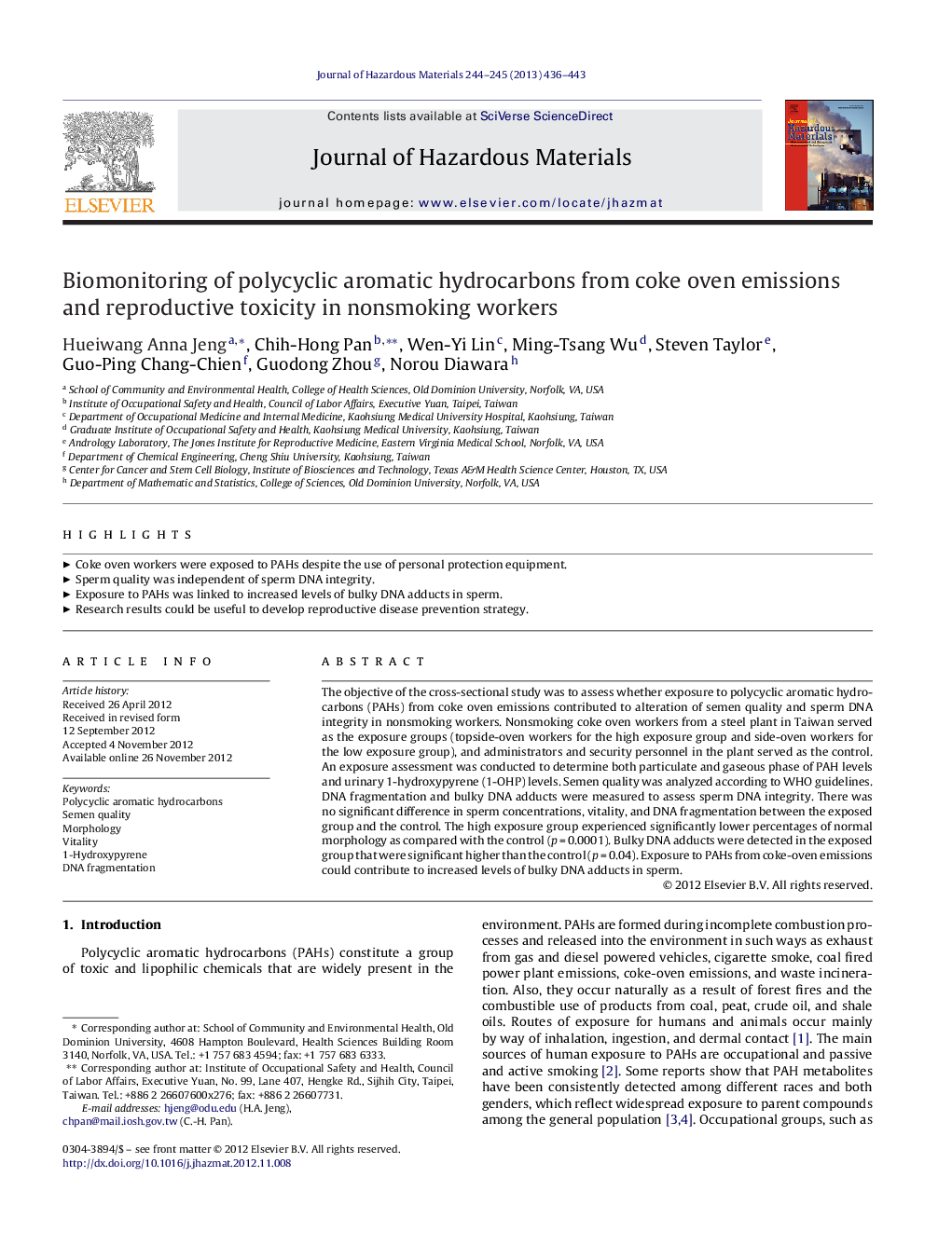 Biomonitoring of polycyclic aromatic hydrocarbons from coke oven emissions and reproductive toxicity in nonsmoking workers