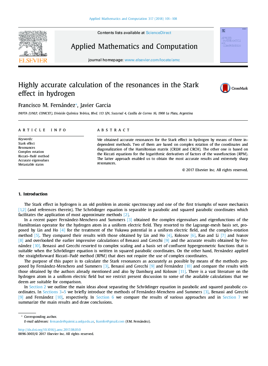 Highly accurate calculation of the resonances in the Stark effect in hydrogen