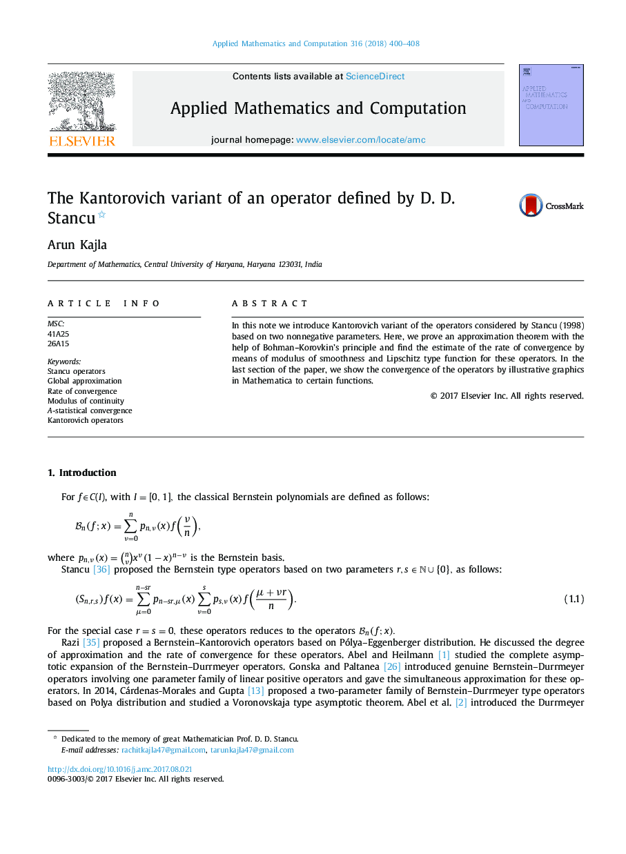 The Kantorovich variant of an operator defined by D. D. Stancu