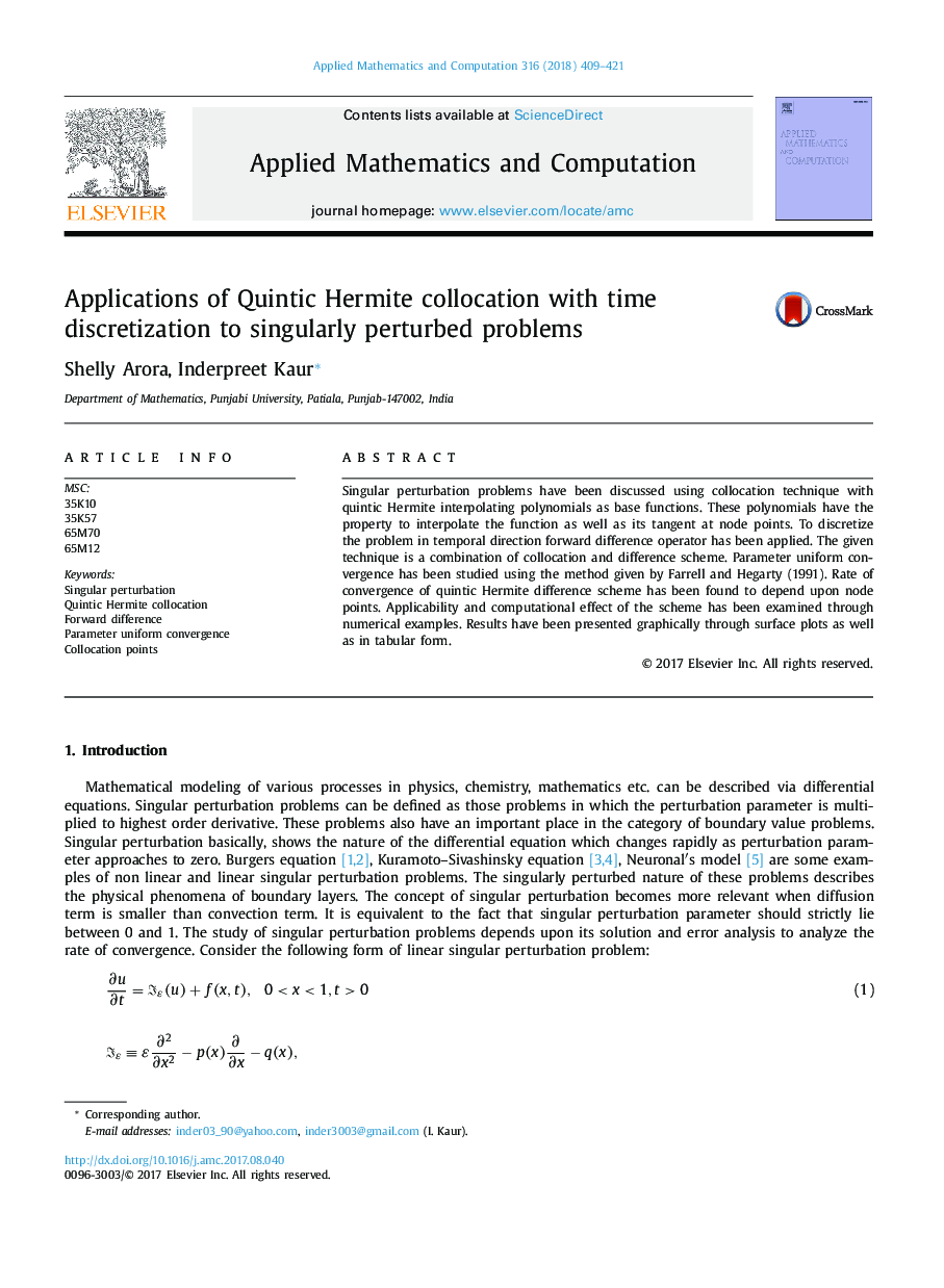 Applications of Quintic Hermite collocation with time discretization to singularly perturbed problems