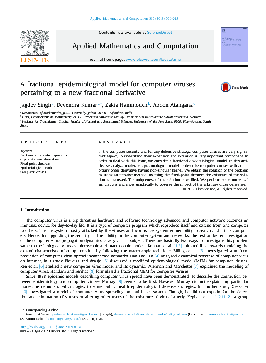 A fractional epidemiological model for computer viruses pertaining to a new fractional derivative