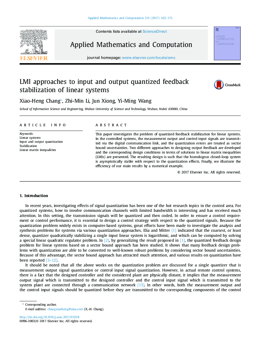 LMI approaches to input and output quantized feedback stabilization of linear systems