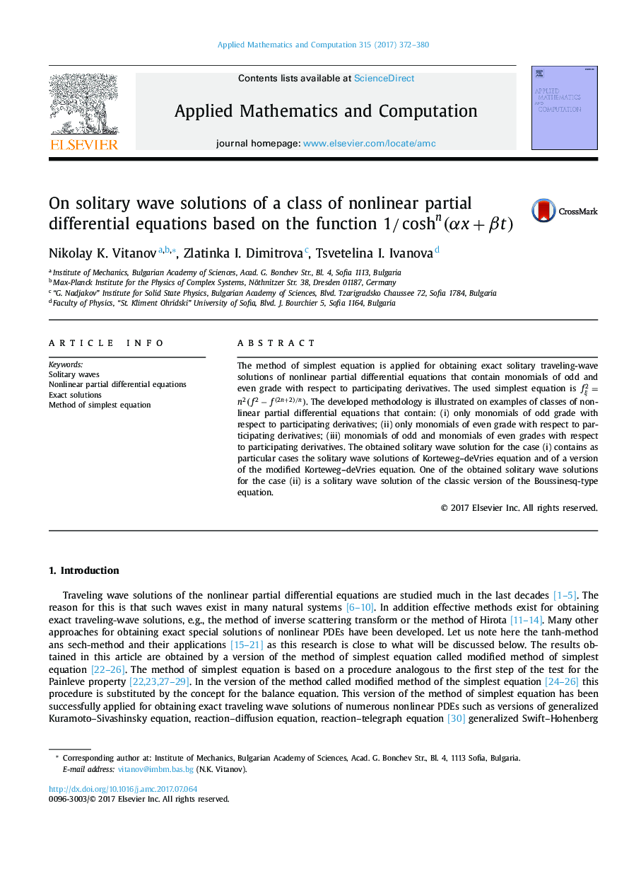 On solitary wave solutions of a class of nonlinear partial differential equations based on the function 1/coshn(Î±x+Î²t)