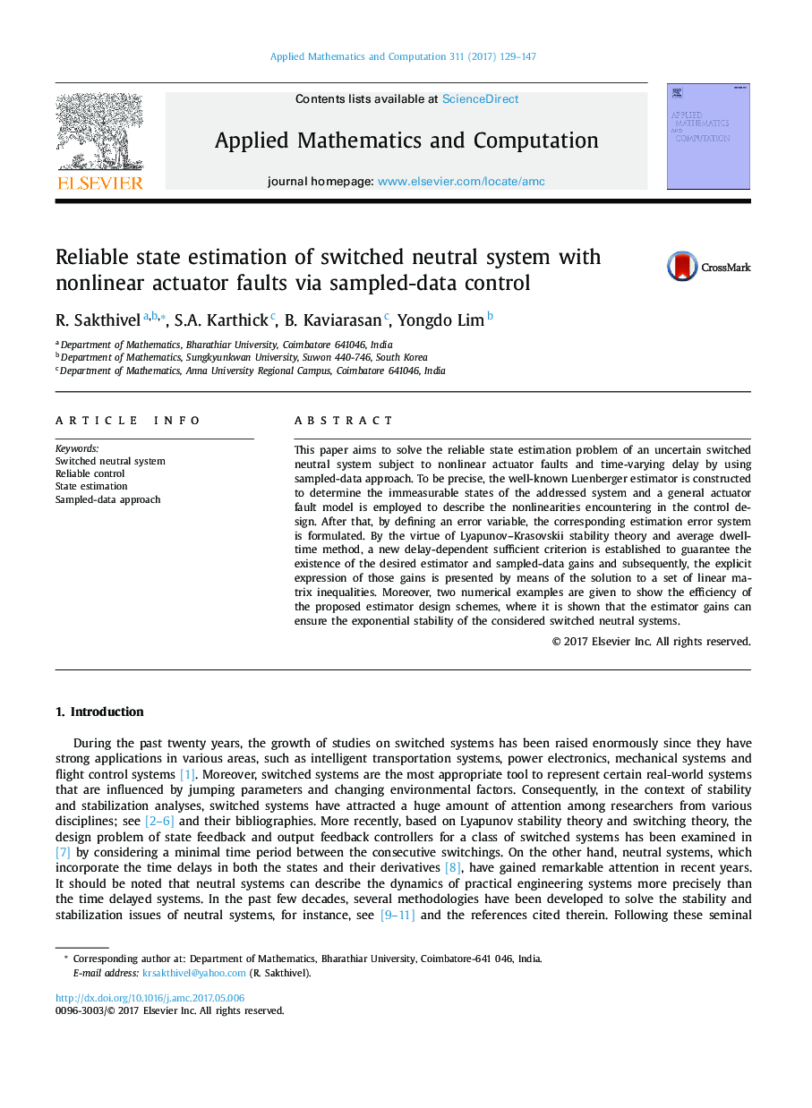Reliable state estimation of switched neutral system with nonlinear actuator faults via sampled-data control