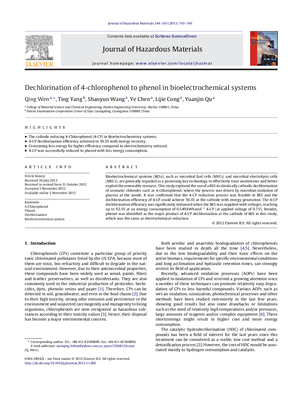 Dechlorination of 4-chlorophenol to phenol in bioelectrochemical systems