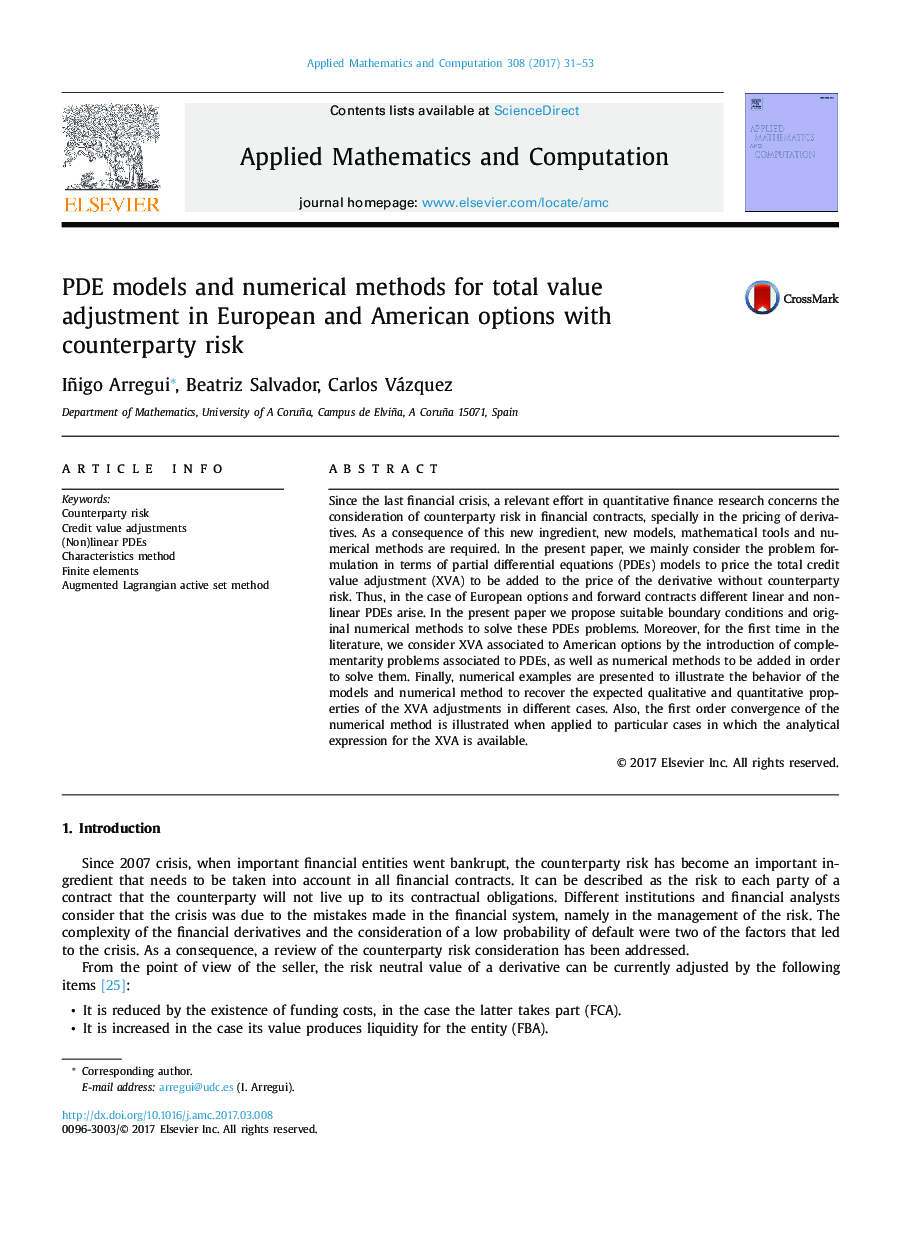 PDE models and numerical methods for total value adjustment in European and American options with counterparty risk