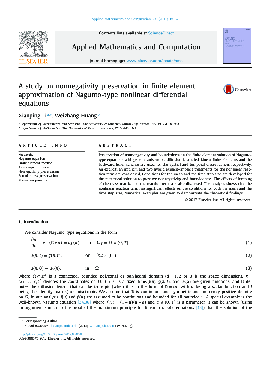 A study on nonnegativity preservation in finite element approximation of Nagumo-type nonlinear differential equations