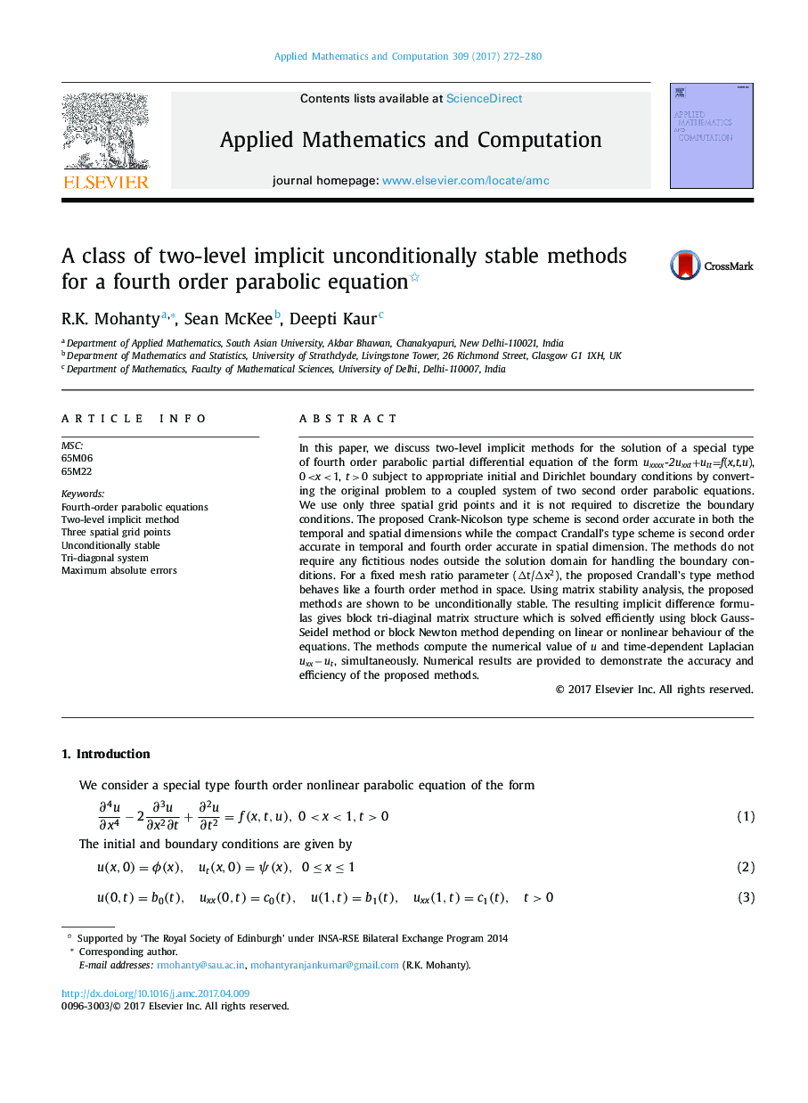 A class of two-level implicit unconditionally stable methods for a fourth order parabolic equation