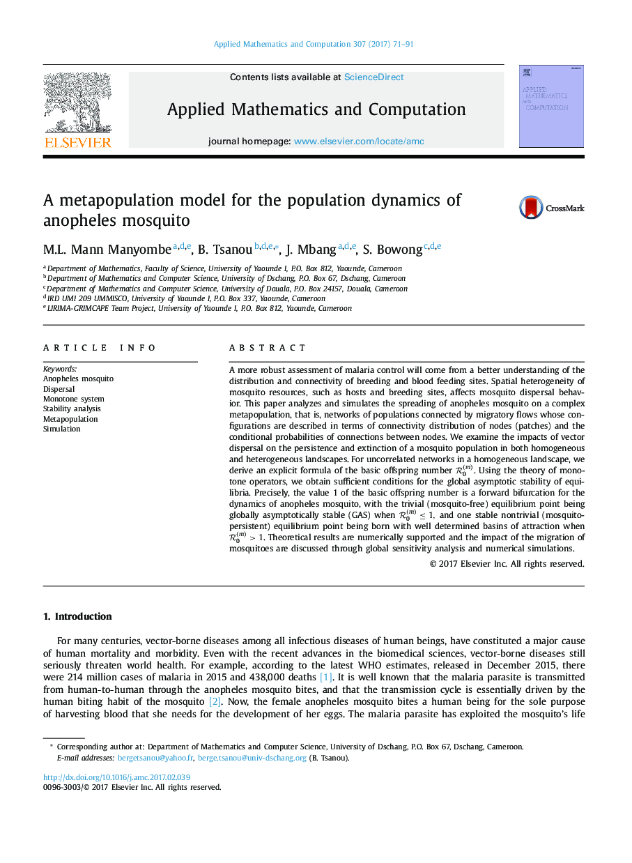 A metapopulation model for the population dynamics of anopheles mosquito