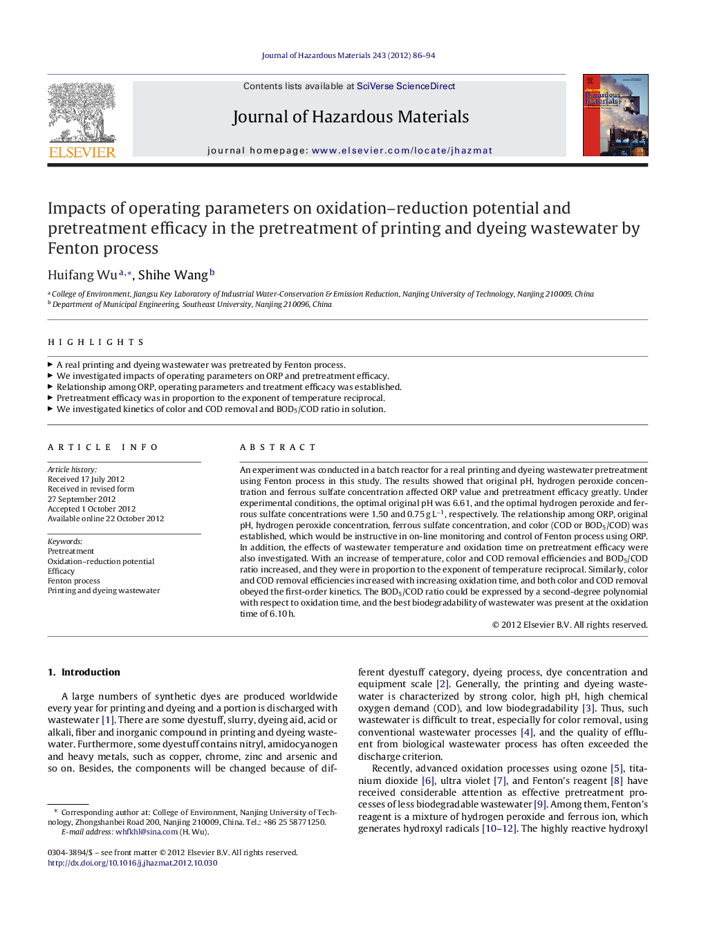 Impacts of operating parameters on oxidation-reduction potential and pretreatment efficacy in the pretreatment of printing and dyeing wastewater by Fenton process