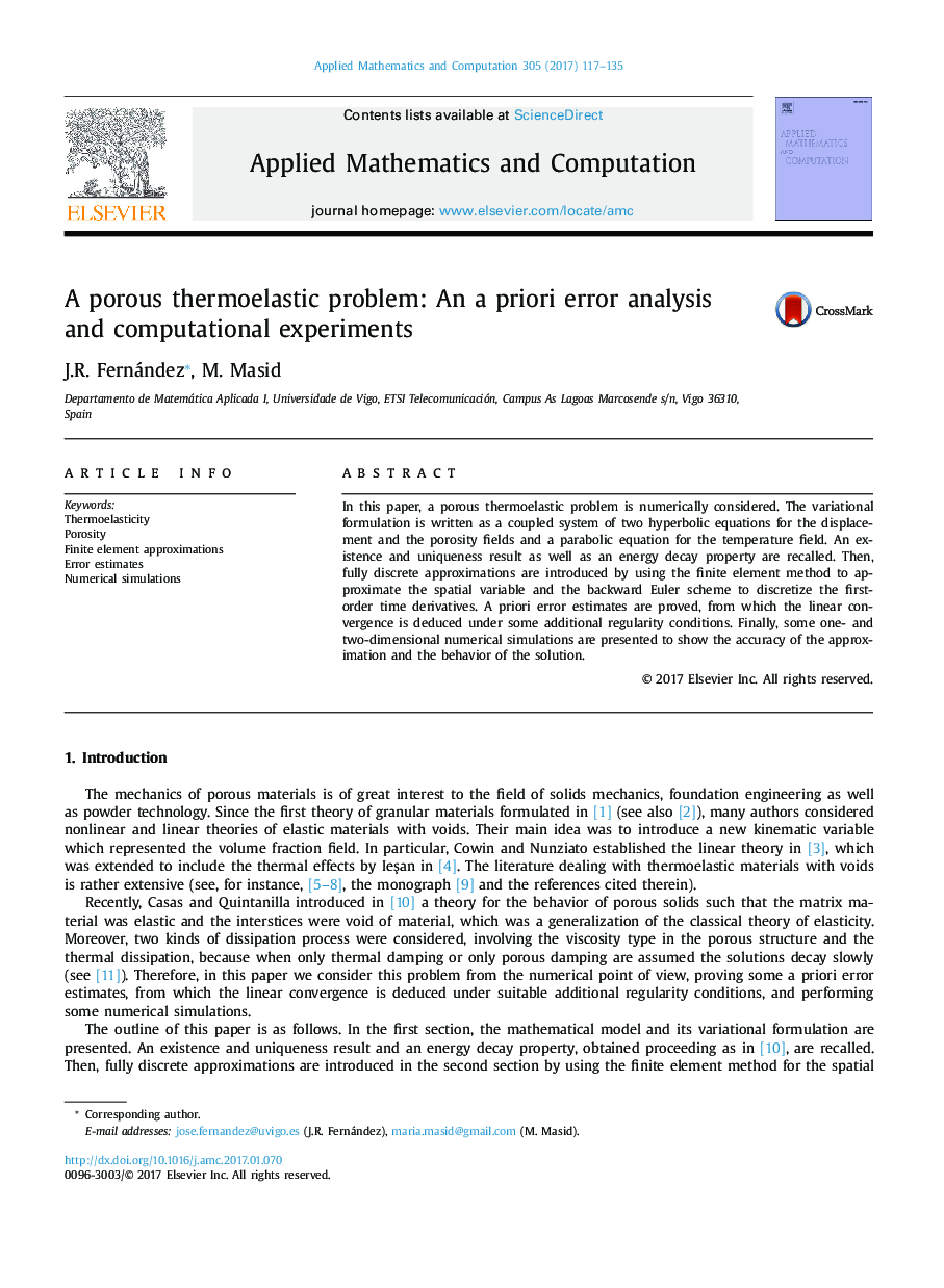 A porous thermoelastic problem: An a priori error analysis and computational experiments