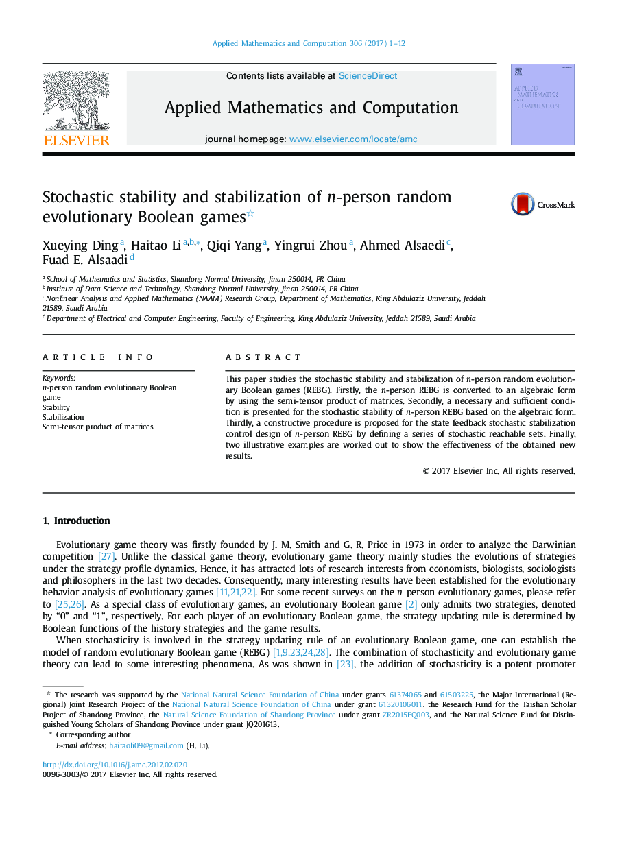 Stochastic stability and stabilization of n-person random evolutionary Boolean games