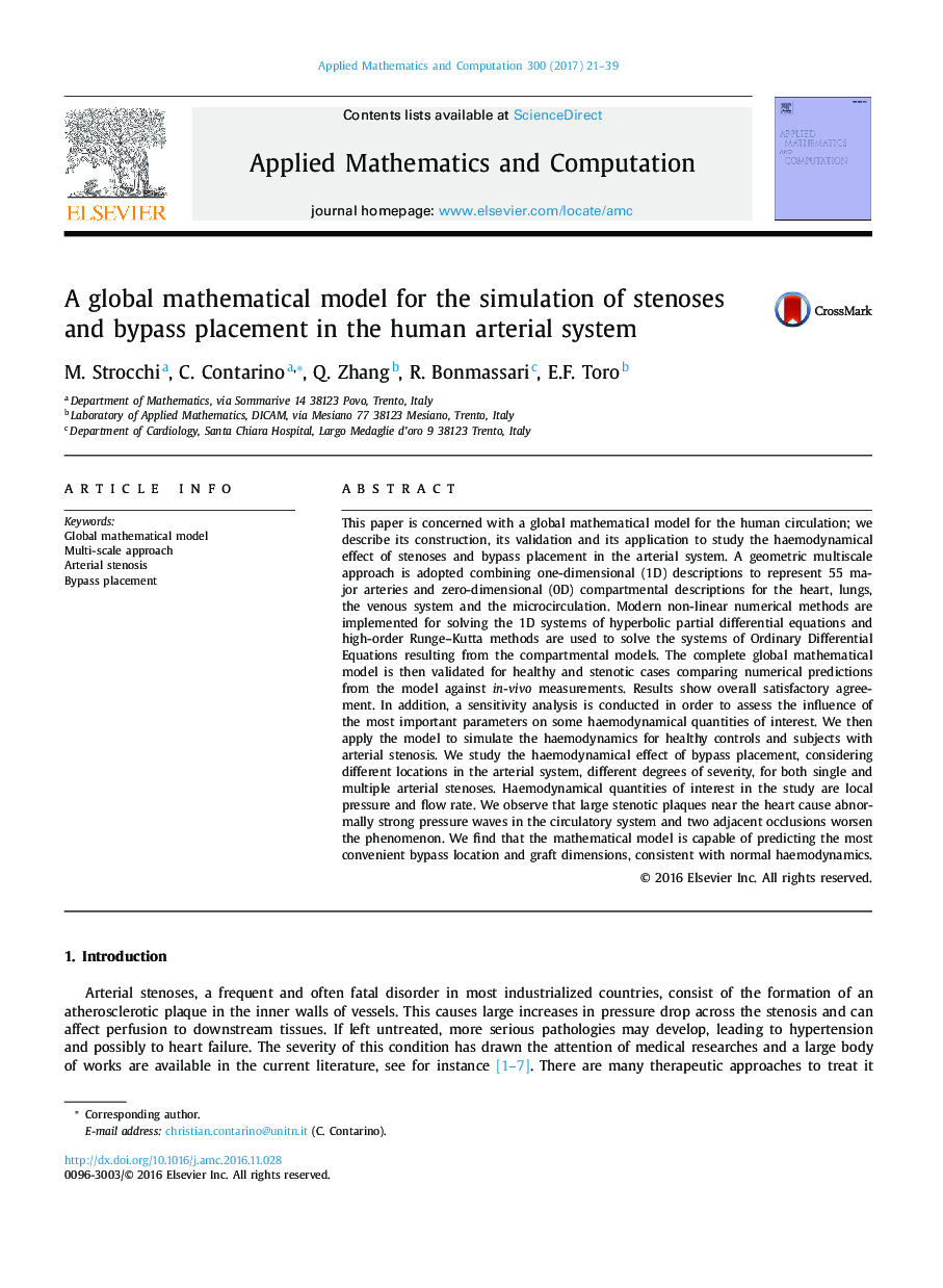 A global mathematical model for the simulation of stenoses and bypass placement in the human arterial system