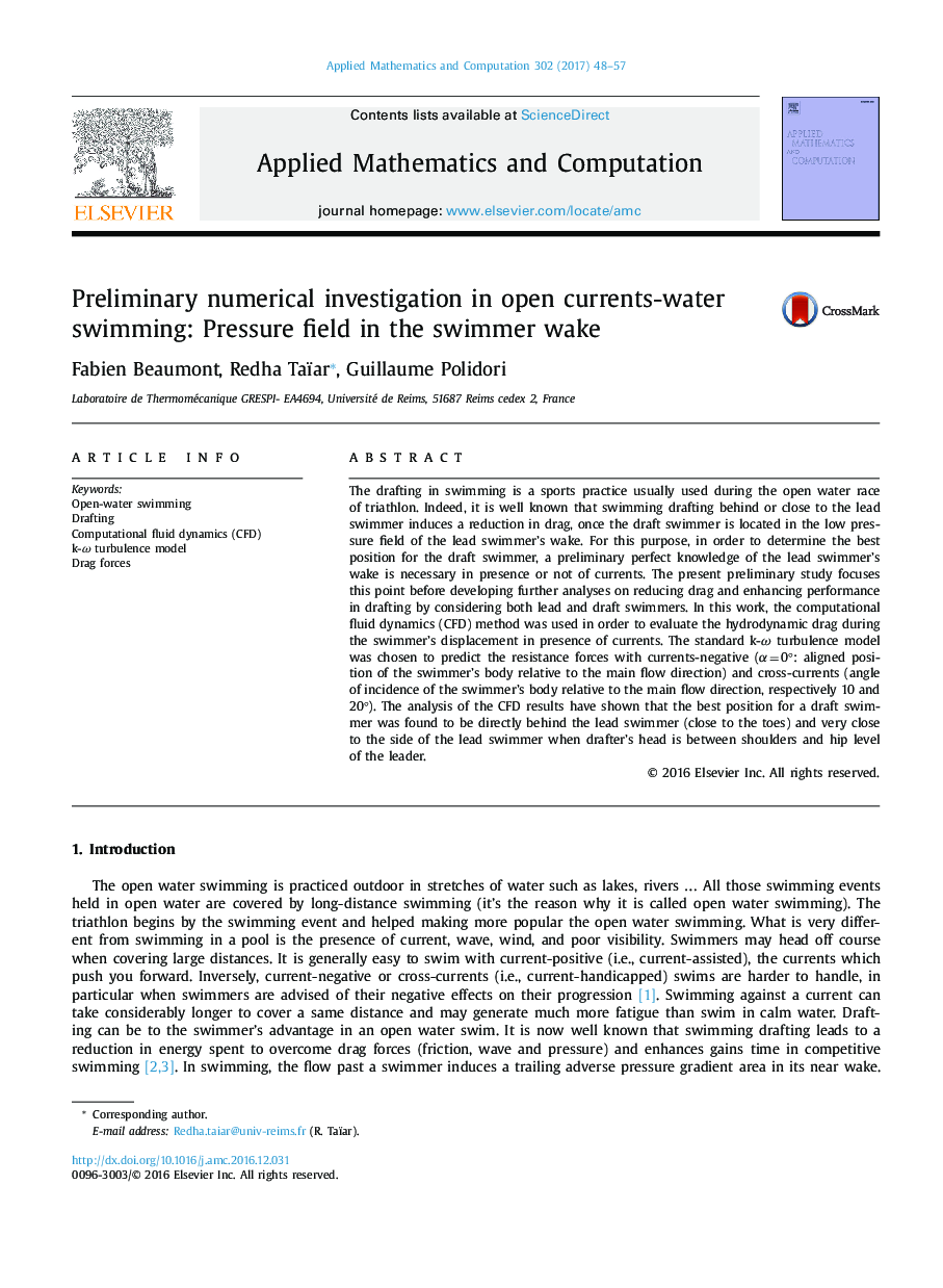 Preliminary numerical investigation in open currents-water swimming: Pressure field in the swimmer wake