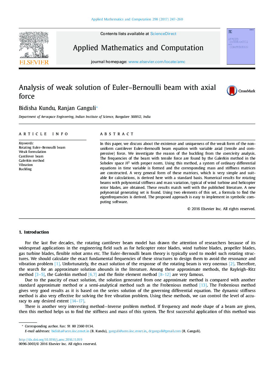 Analysis of weak solution of Euler-Bernoulli beam with axial force