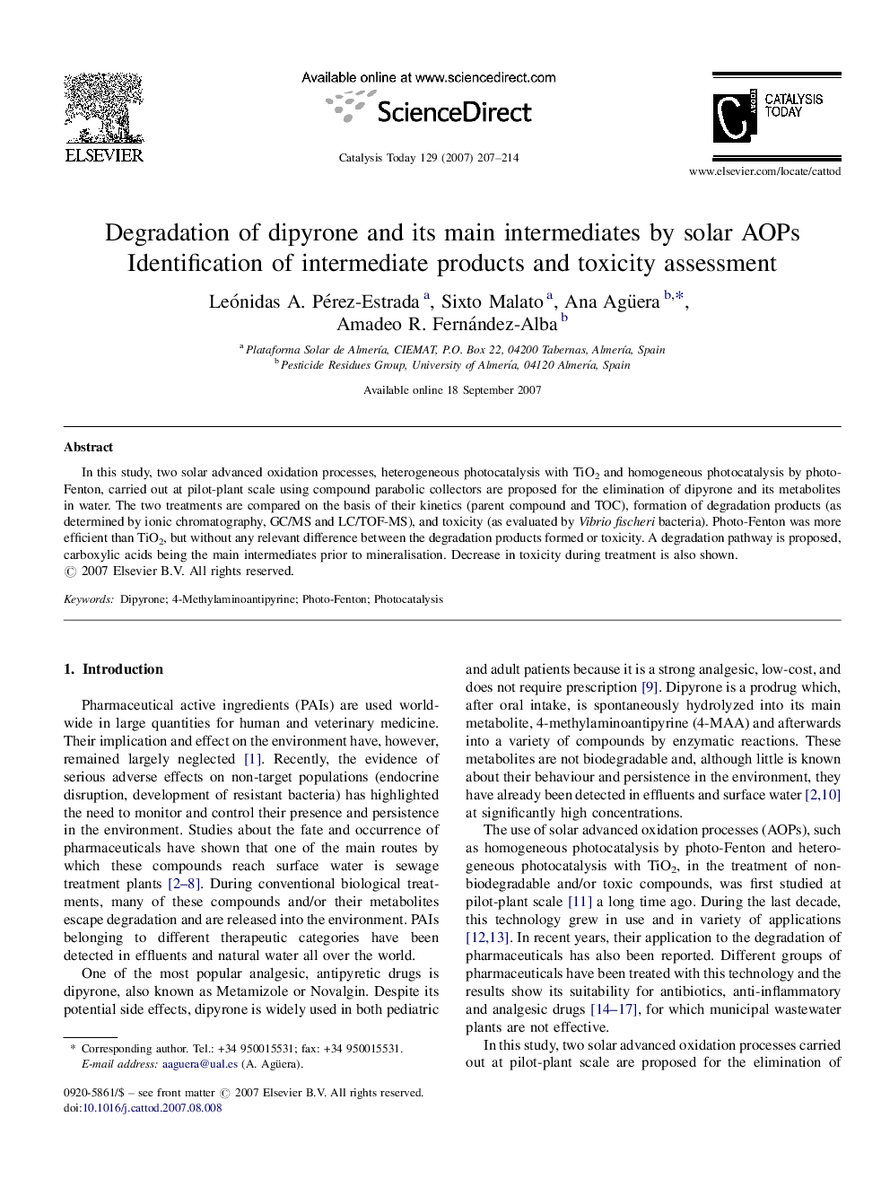 Degradation of dipyrone and its main intermediates by solar AOPs: Identification of intermediate products and toxicity assessment