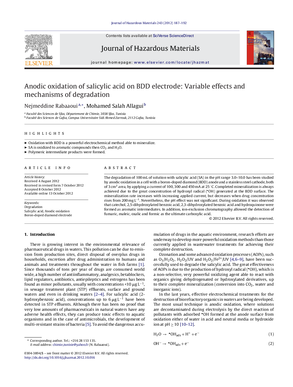 Anodic oxidation of salicylic acid on BDD electrode: Variable effects and mechanisms of degradation