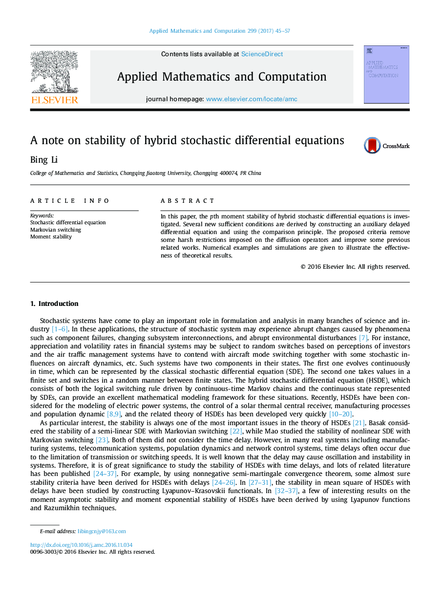 A note on stability of hybrid stochastic differential equations