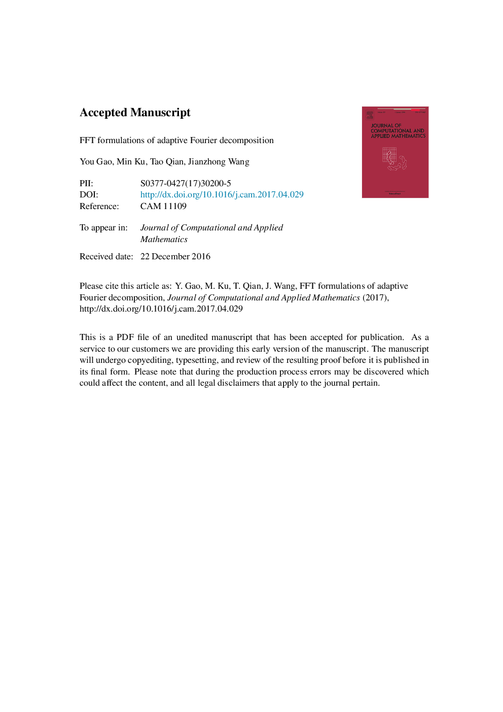 عکس صفحه اول مقاله: FFT formulations of adaptive Fourier decomposition FFT formulations of adaptive Fourier decomposition