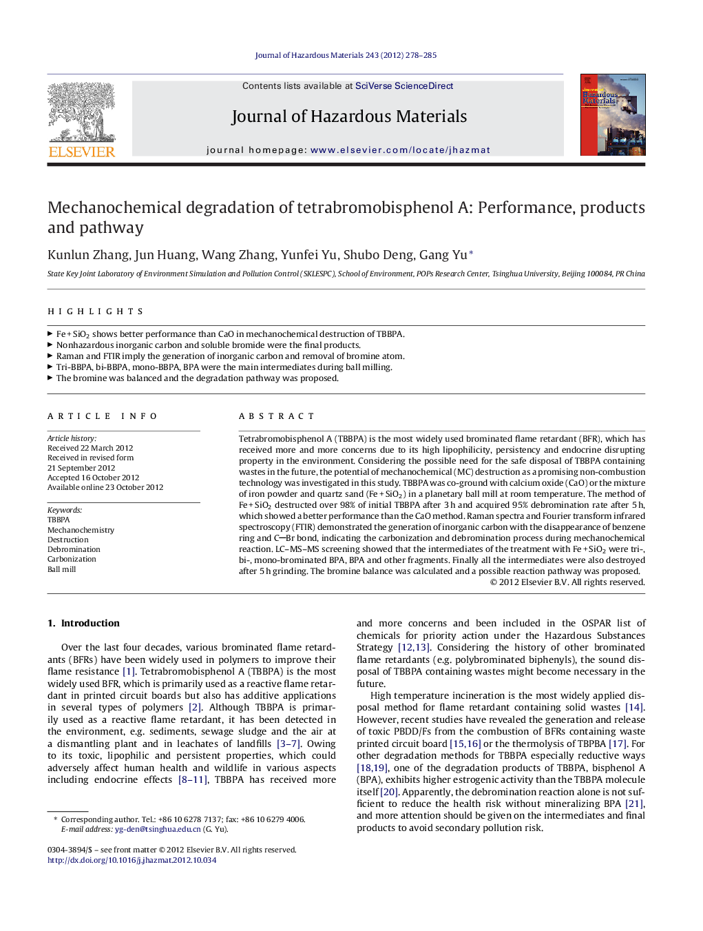 Mechanochemical degradation of tetrabromobisphenol A: Performance, products and pathway