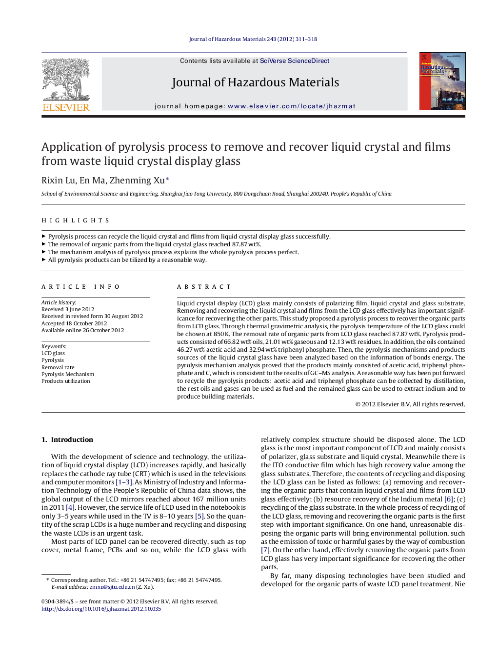 Application of pyrolysis process to remove and recover liquid crystal and films from waste liquid crystal display glass