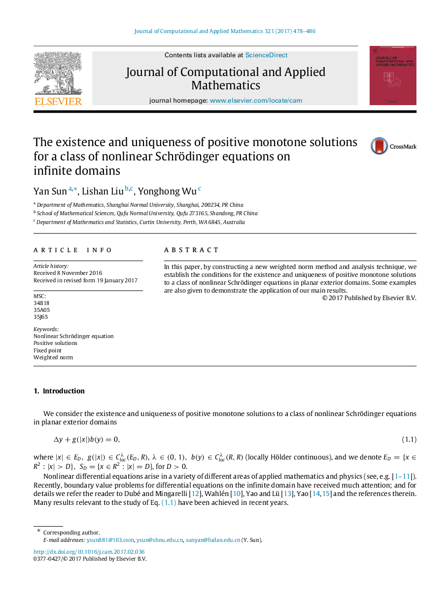 The existence and uniqueness of positive monotone solutions for a class of nonlinear Schrödinger equations on infinite domains