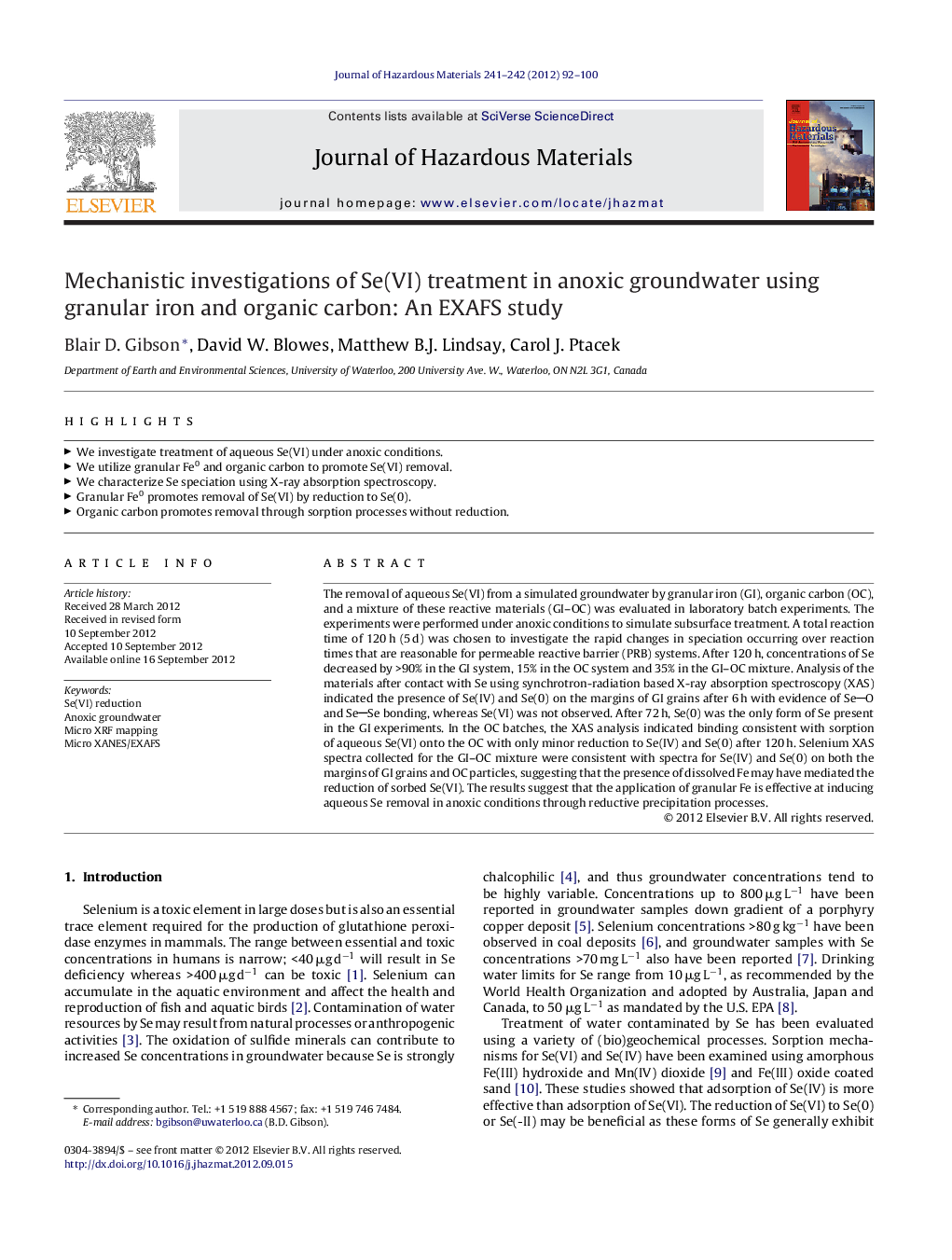 Mechanistic investigations of Se(VI) treatment in anoxic groundwater using granular iron and organic carbon: An EXAFS study