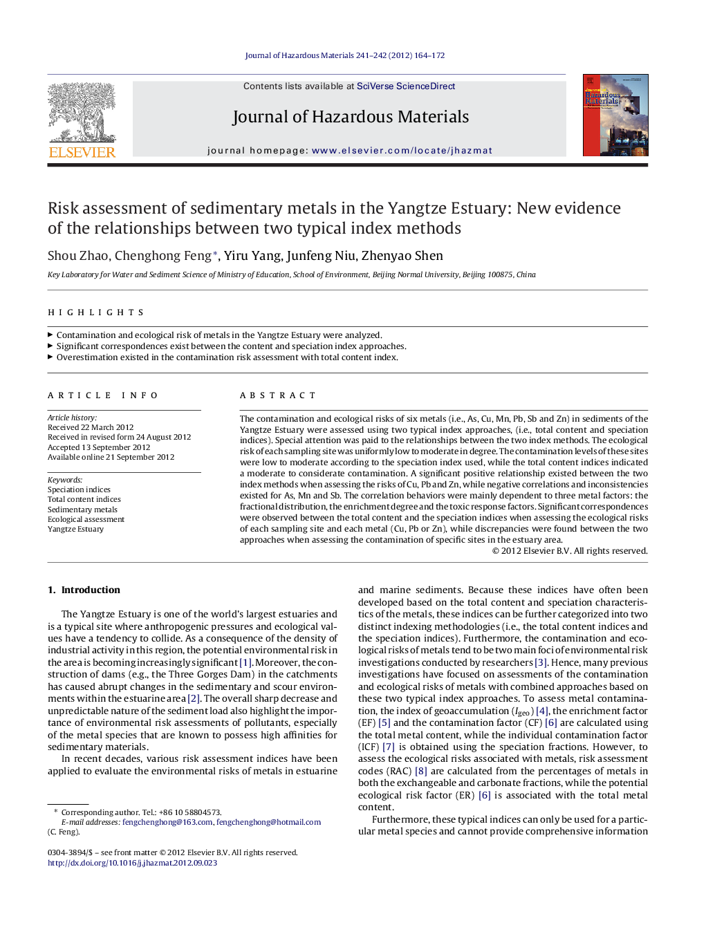 Risk assessment of sedimentary metals in the Yangtze Estuary: New evidence of the relationships between two typical index methods