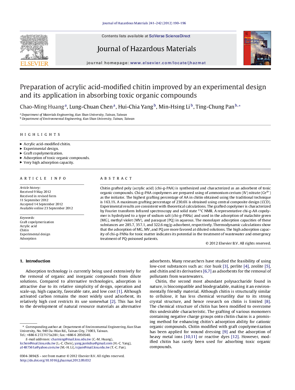 Preparation of acrylic acid-modified chitin improved by an experimental design and its application in absorbing toxic organic compounds