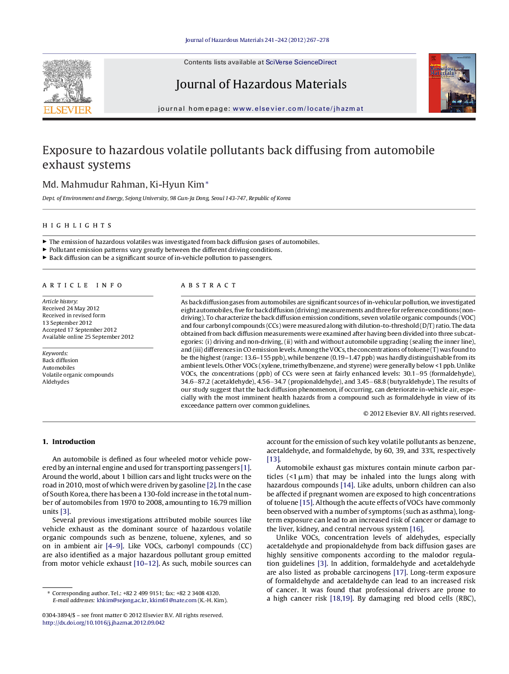 Exposure to hazardous volatile pollutants back diffusing from automobile exhaust systems