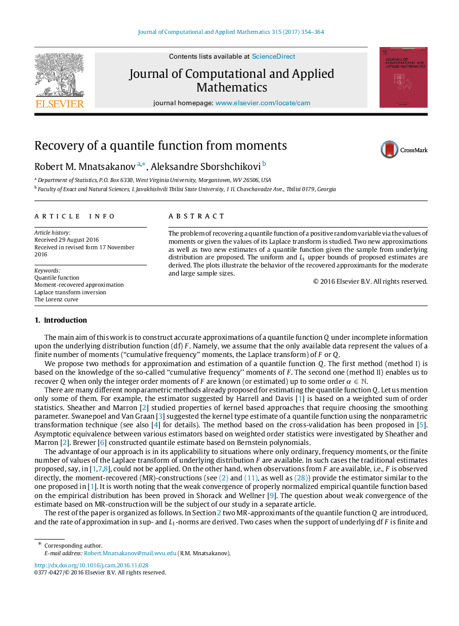 Recovery of a quantile function from moments