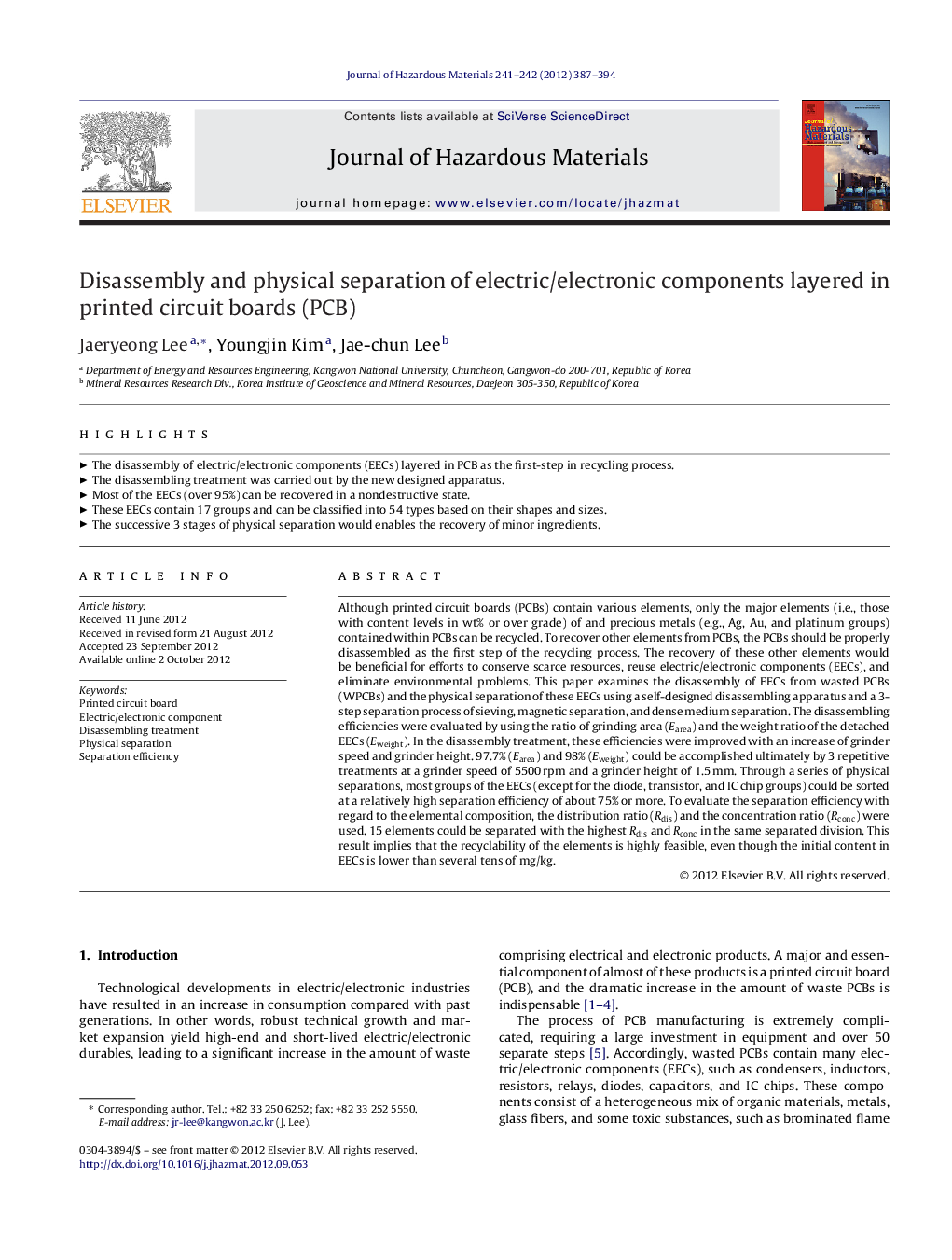 Disassembly and physical separation of electric/electronic components layered in printed circuit boards (PCB)