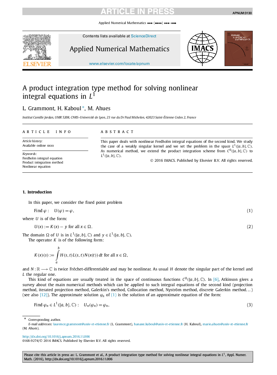 A product integration type method for solving nonlinear integral equations in L1