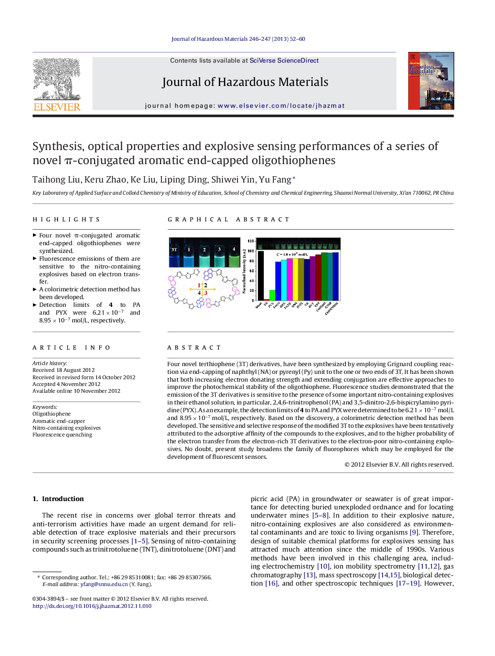 Synthesis, optical properties and explosive sensing performances of a series of novel Ï-conjugated aromatic end-capped oligothiophenes