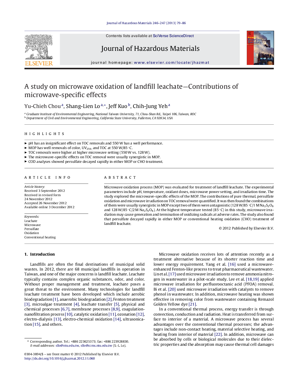 A study on microwave oxidation of landfill leachate-Contributions of microwave-specific effects