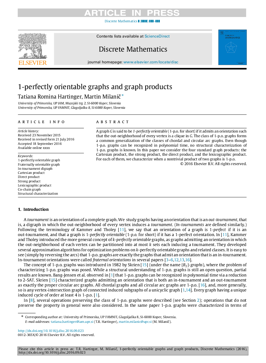 
         1-perfectly orientable graphs and graph products