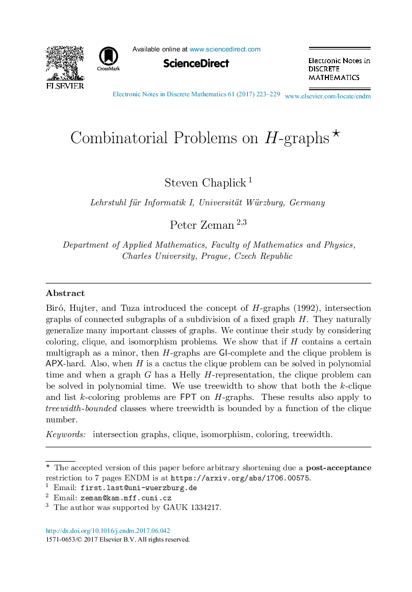 Combinatorial Problems on H-graphs