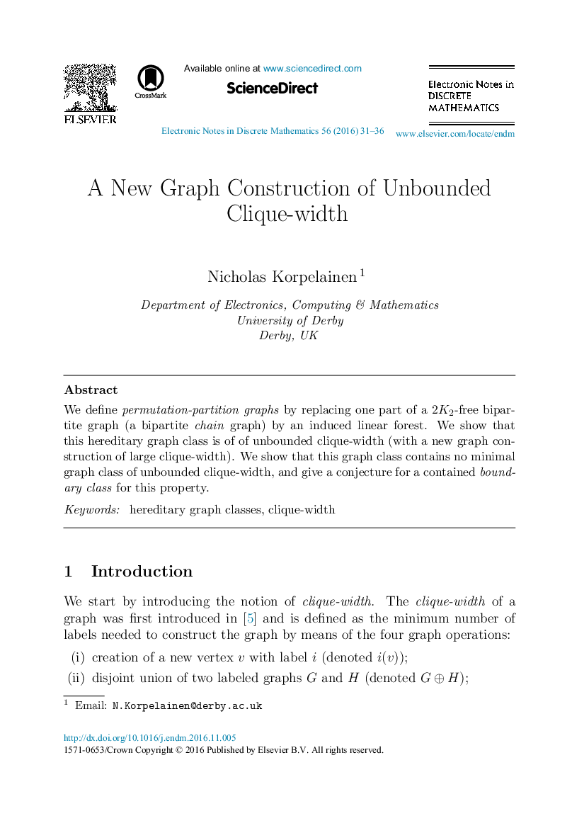 A New Graph Construction of Unbounded Clique-width