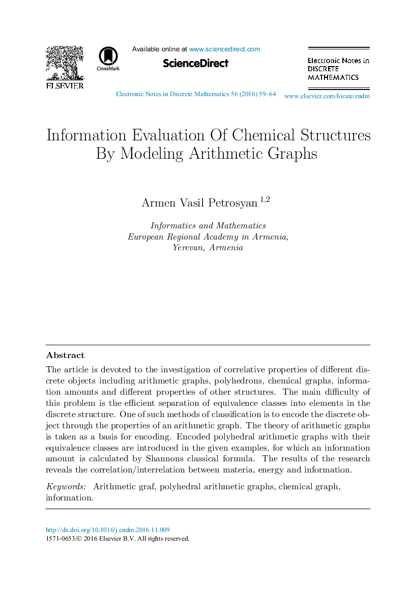 Information Evaluation Of Chemical Structures By Modeling Arithmetic Graphs