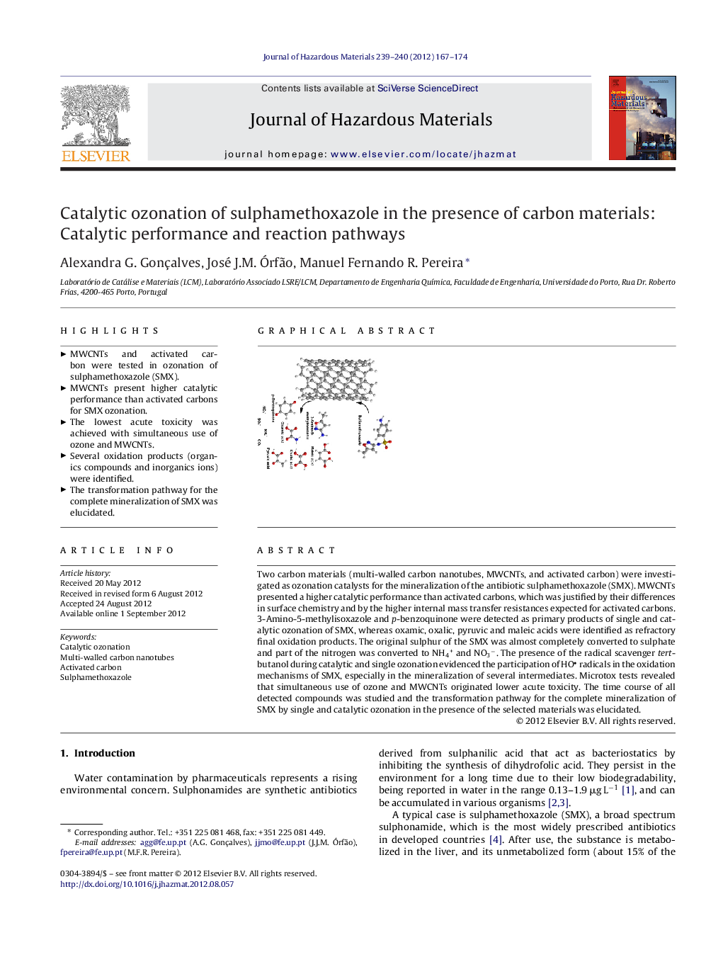 Catalytic ozonation of sulphamethoxazole in the presence of carbon materials: Catalytic performance and reaction pathways