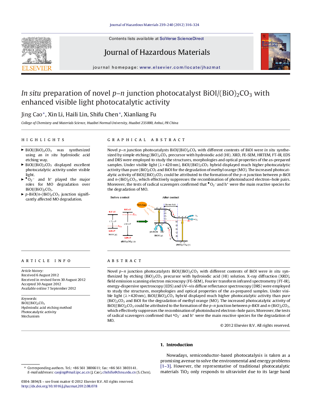 عکس صفحه اول مقاله: In situ preparation of novel p-n junction photocatalyst BiOI/(BiO)2CO3 with enhanced visible light photocatalytic activity In situ preparation of novel p-n junction photocatalyst BiOI/(BiO)2CO3 with enhanced visible light photocatalytic activity