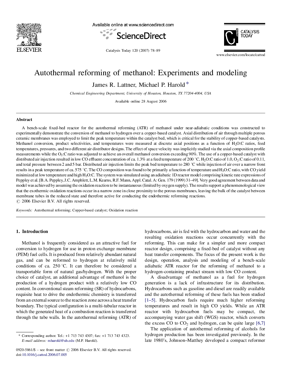 Autothermal reforming of methanol: Experiments and modeling