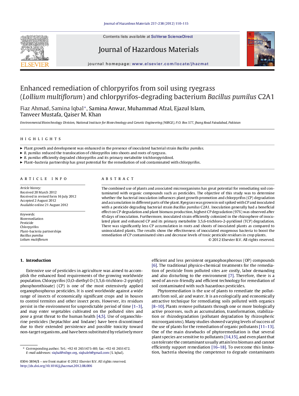 Enhanced remediation of chlorpyrifos from soil using ryegrass (Lollium multiflorum) and chlorpyrifos-degrading bacterium Bacillus pumilus C2A1